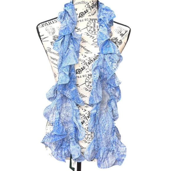Ralph Lauren Blue Paisley Silk Ruffled Scarf Luxe Y2K New With Tag Green Label - Picture 1 of 6